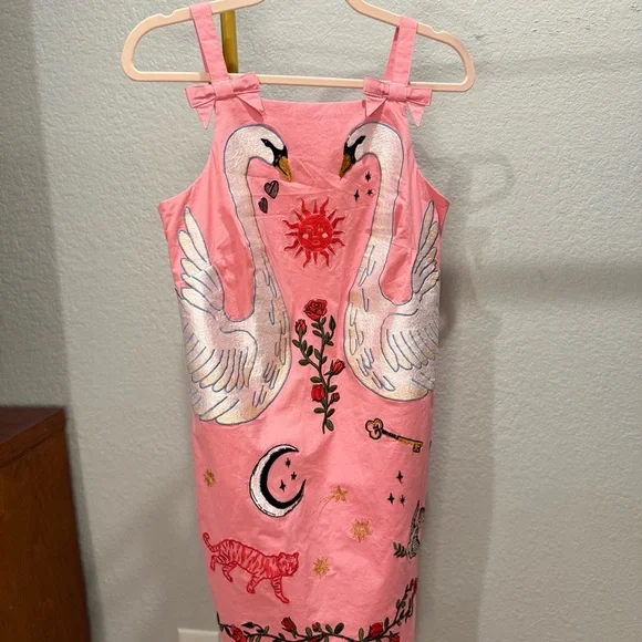 Anthropologie Maeve Pink Swan Embroidered Dress XS - Picture 2 of 10